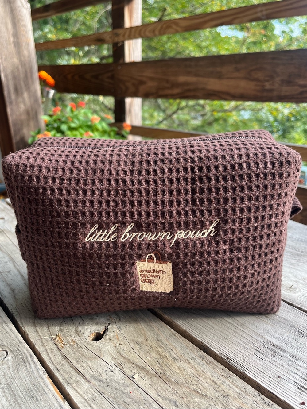 Abbode Little Brown Pouch Waffle Bag with Bloomingdale’s Medium Brown Bag Logo